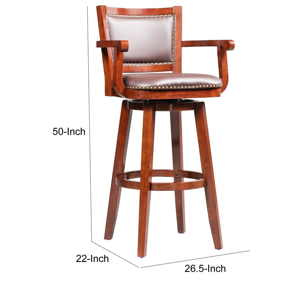Hugo 34 Inch Swivel Barstool, Wood, Open Rolled Arms, Bonded Leather, Brown - View 6