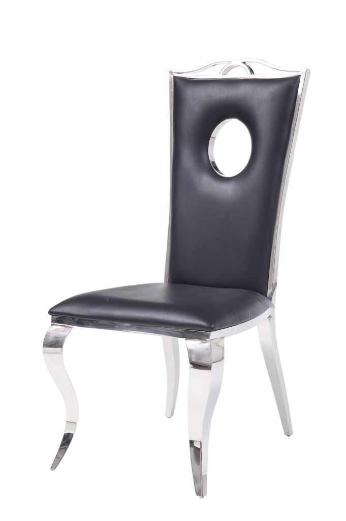19 Inch Dining Side Chair, Faux Leather, Set of 2, Black, Silver
