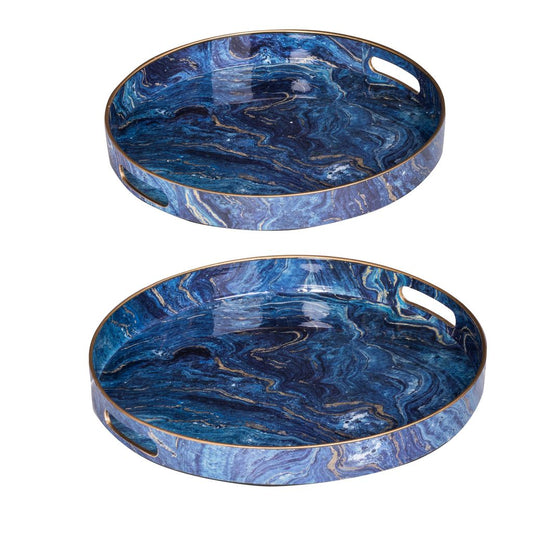 Set of 2 Round Accent Trays, Tabletop Decor, Marbling, Blue, Gold Marbling