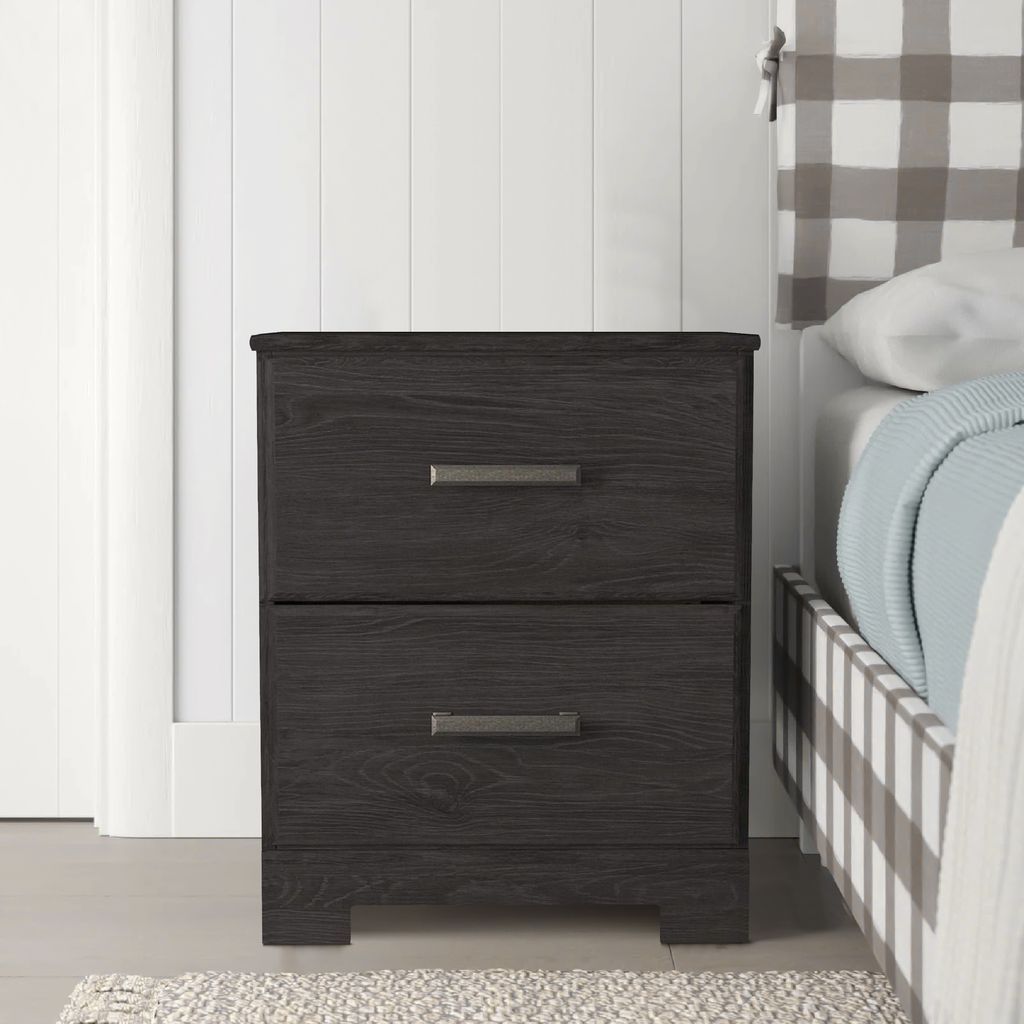 Wren 24 Inch Modern Rustic Wood Nightstand, 2 Drawers, Oak Grain, Black - View 7