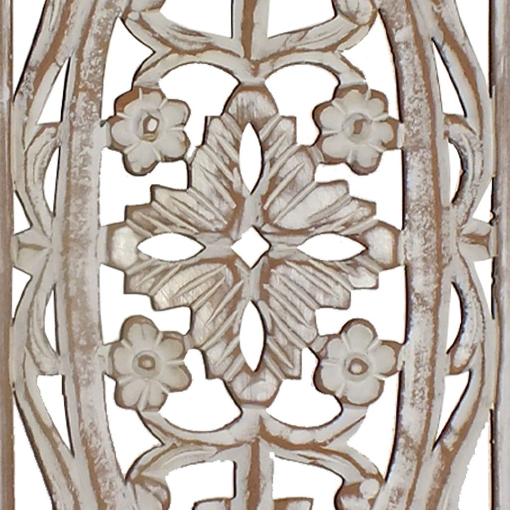 Rectangular Mango Wood Wall Panel Hand Crafted With Intricate Carving, White and Brown - View 2