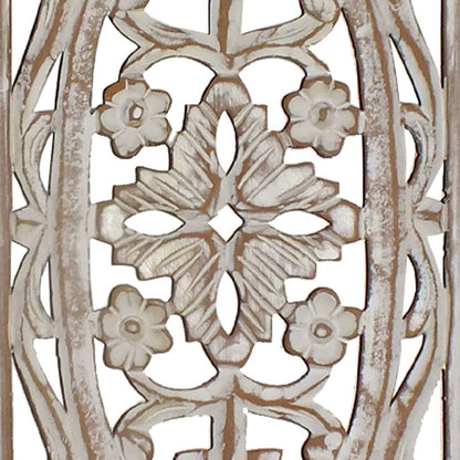 Rectangular Mango Wood Wall Panel Hand Crafted With Intricate Carving, White and Brown - View 2
