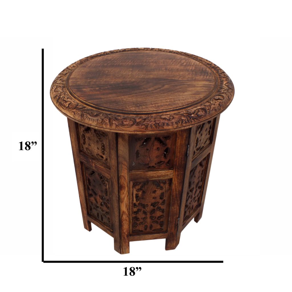 18 Inch Mango Wood Folding Accent Table, Hand Carved, Walnut Brown - View 7