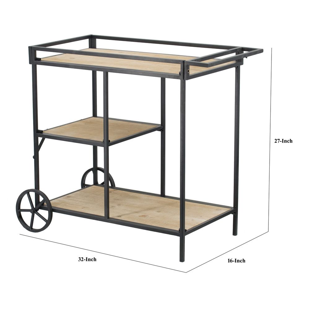 32 Inch Bar Cart, 3 Tiers, Fir Wood Shelves, Iron Frame, Black, Brown - View 5
