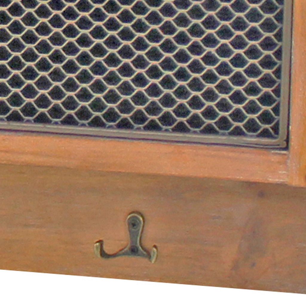 Wooden Wall Shelf with 4 Hooks and 3 Wire Baskets, Brown - View 7