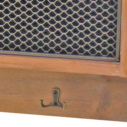 Wooden Wall Shelf with 4 Hooks and 3 Wire Baskets, Brown - View 7