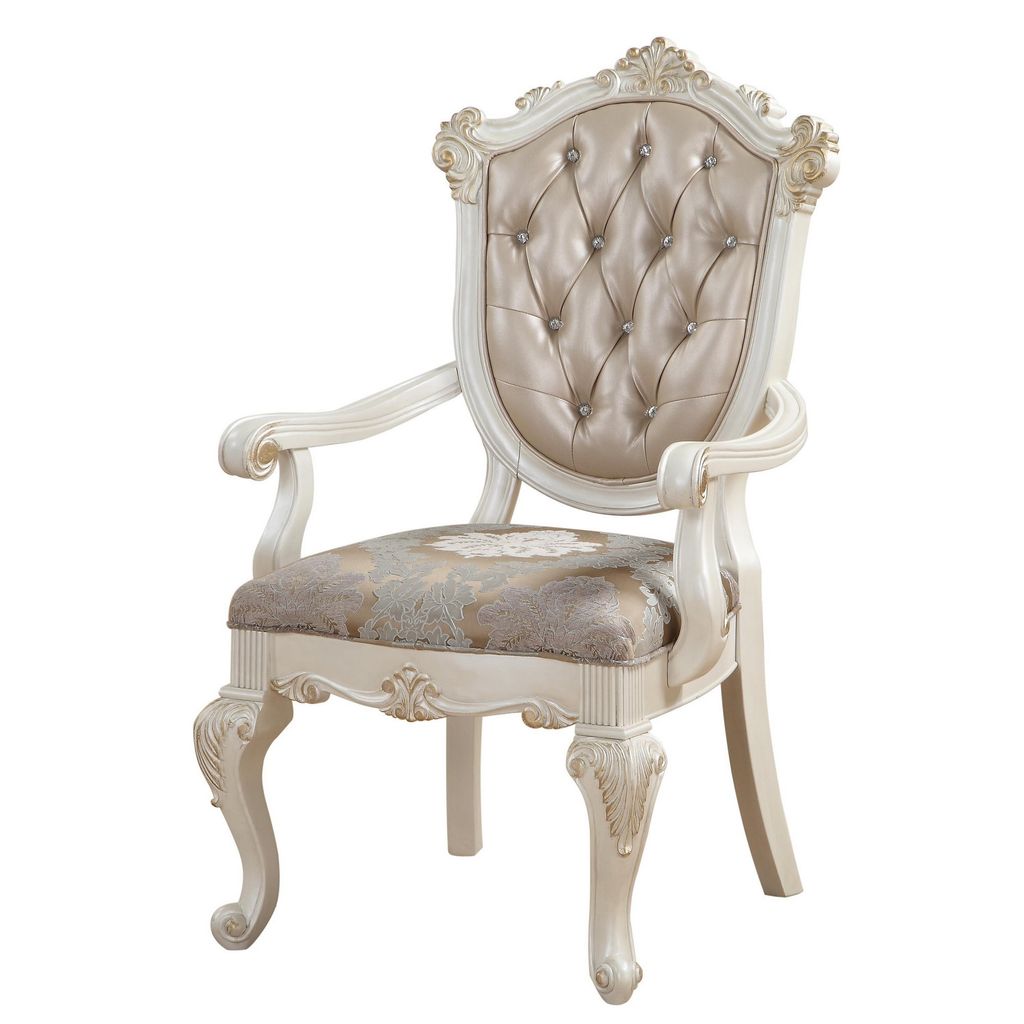 Wooden Arm Chair with Floral Patterned Padded Seat, Set of 2,White and Gold - View 3