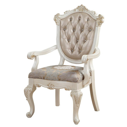 Wooden Arm Chair with Floral Patterned Padded Seat, Set of 2,White and Gold - View 3