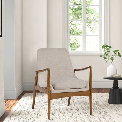 28 Inch Fabric Upholstered Accent Armchair, Birch Wood, Off White, Brown - View 7
