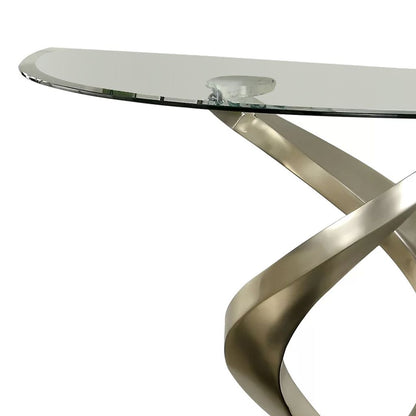 Sofa Table with Twisted Metal Base and Semi Circular Glass Top, Silver - View 3