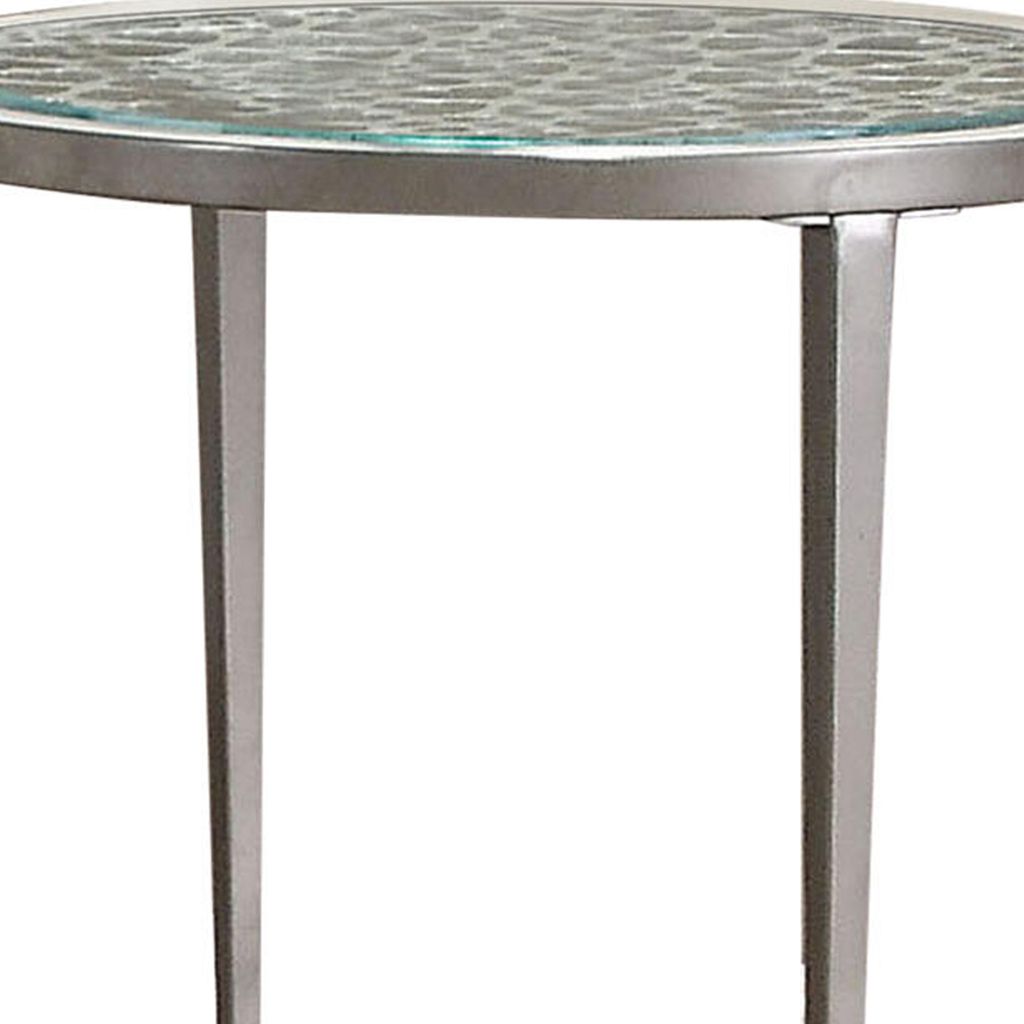 Round Glass Top Metal End Table with Sleek Tapered Legs, Silver - View 3