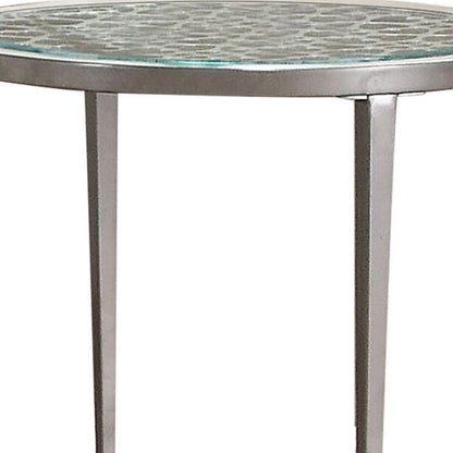 Round Glass Top Metal End Table with Sleek Tapered Legs, Silver - View 3