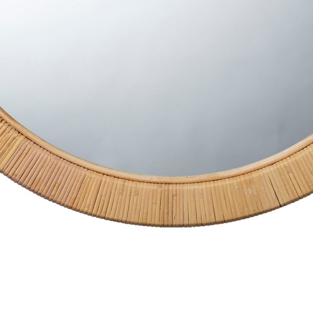 36 Inch Coastal Style Round Mirror, Hand Woven Rattan Frame, Glass, Brown - View 4
