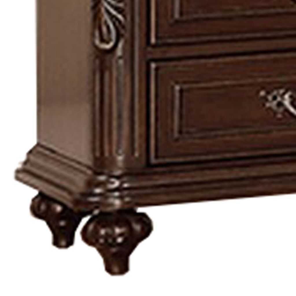 30 Inches 3 Drawer Engraved Wooden Nightstand, Brown - View 3