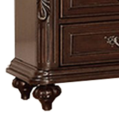 30 Inches 3 Drawer Engraved Wooden Nightstand, Brown - View 3