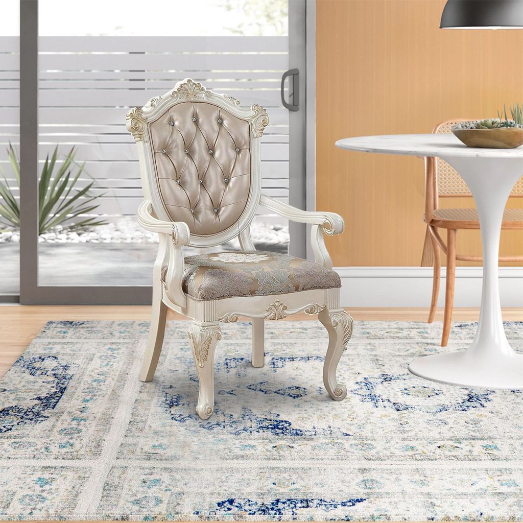 Wooden Arm Chair with Floral Patterned Padded Seat, Set of 2,White and Gold - View 6