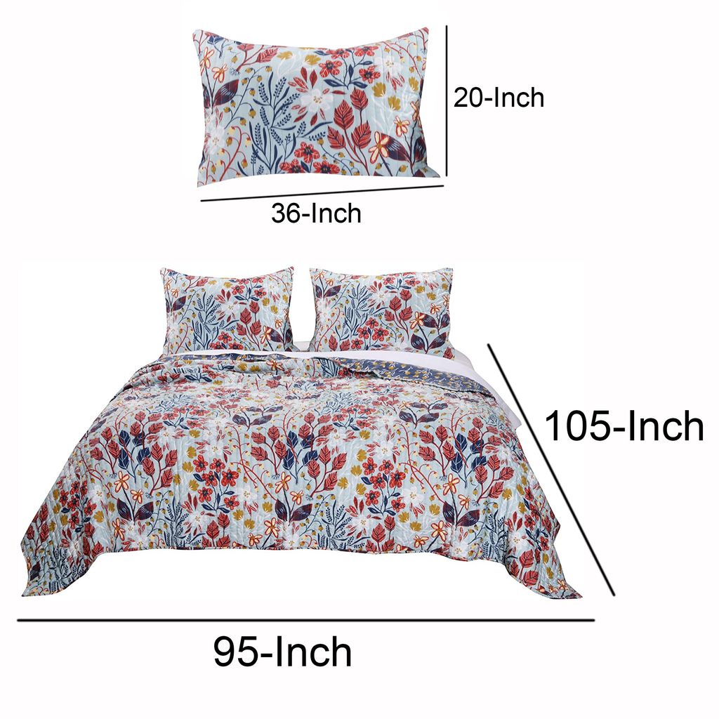 King Size 3 Piece Polyester Quilt Set with Floral Prints, Multicolor - View 6