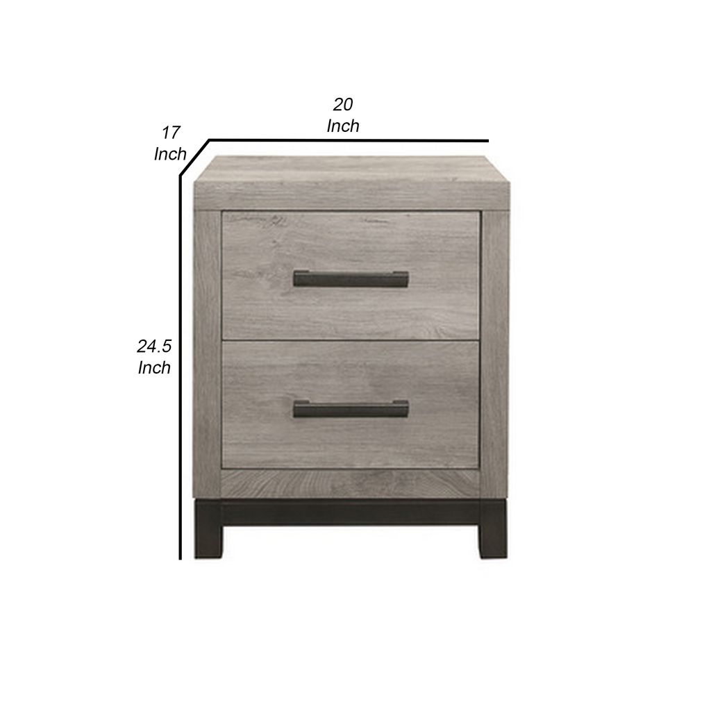 Deena 25 Inch Classic 2 Drawer Nightstand, Metal Handles, Wood Grain Gray - View 5