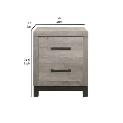 Deena 25 Inch Classic 2 Drawer Nightstand, Metal Handles, Wood Grain Gray - View 5