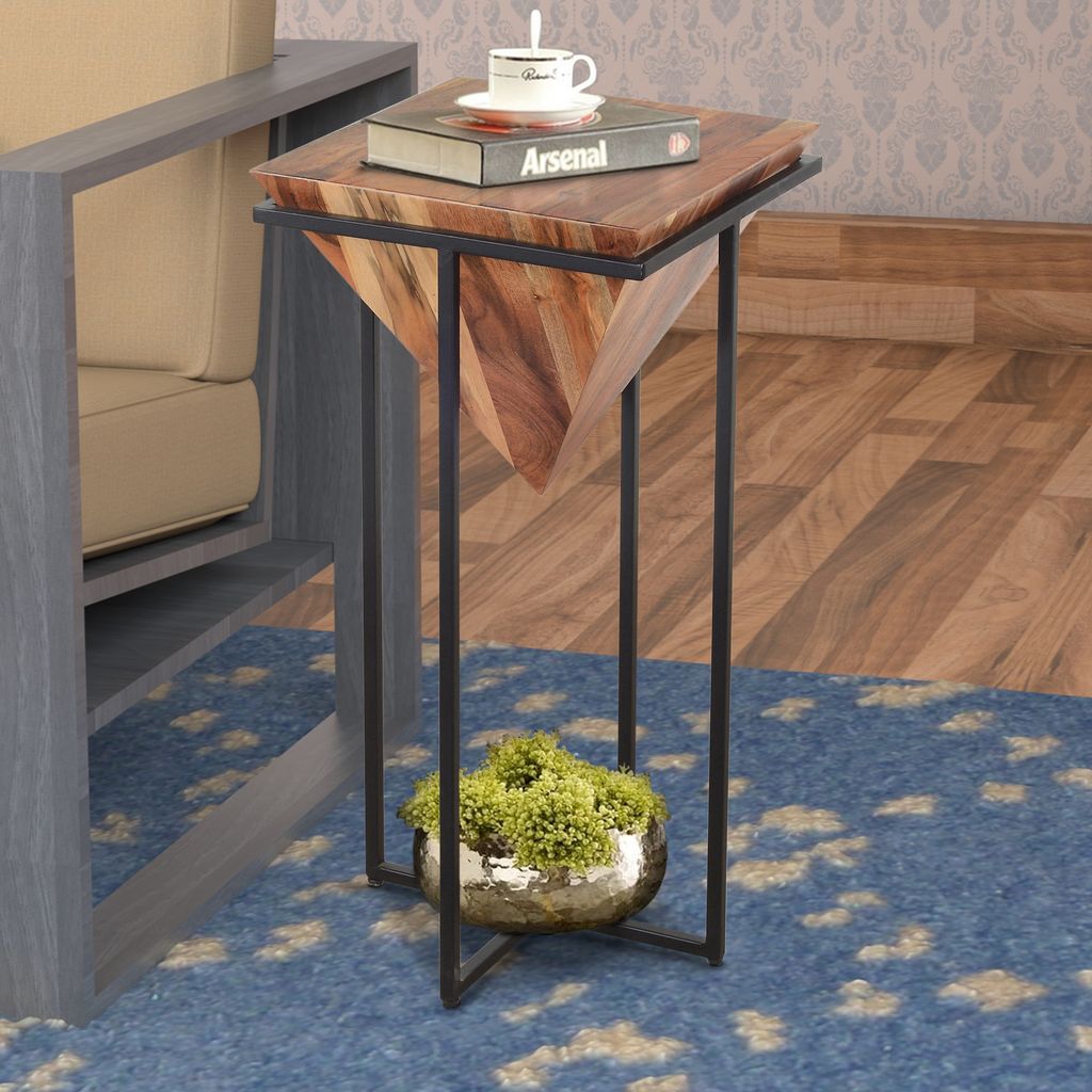 Ida 30 Inch Pyramid Shape Acacia Wood Side Table With Cross Iron Base, Brown and Black - View 6