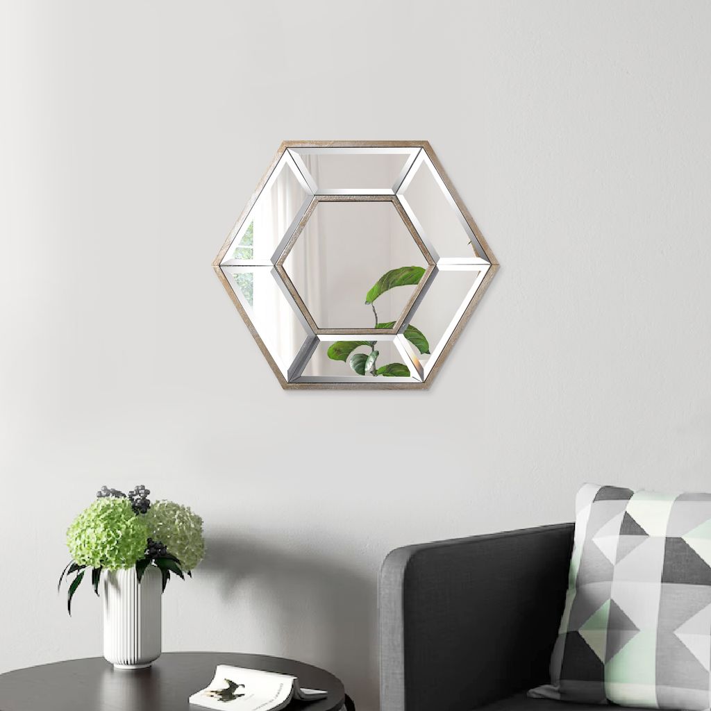 Toby 12 x 14 Inch Wall Mount Accent Mirror, Dual Hexagon Wood Frame, Brown - View 6