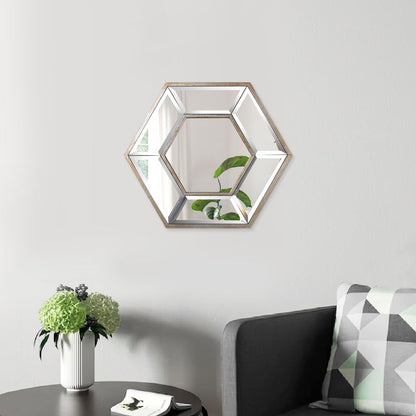 Toby 12 x 14 Inch Wall Mount Accent Mirror, Dual Hexagon Wood Frame, Brown - View 6