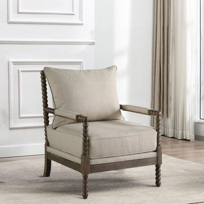 Cushioned Back Fabric Upholstered Spindle Accent Chair, Beige and Brown - View 7
