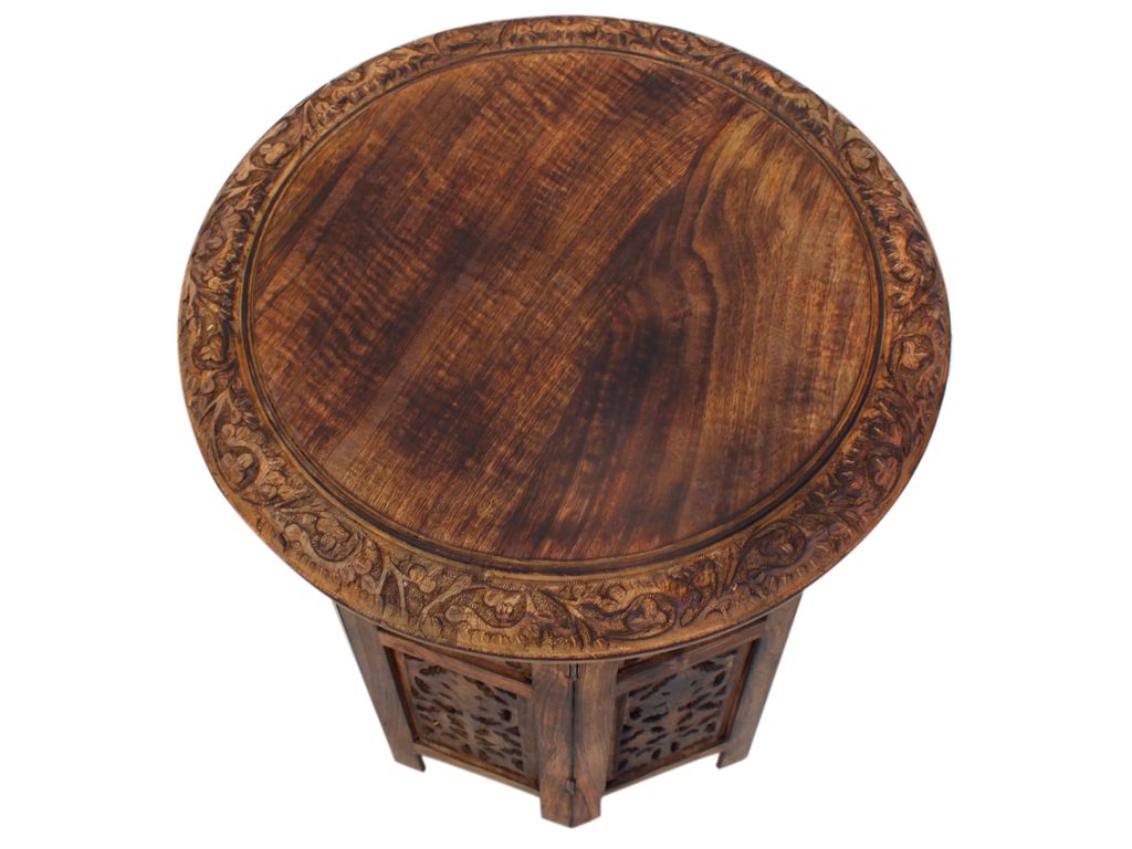 18 Inch Mango Wood Folding Accent Table, Hand Carved, Walnut Brown - View 2