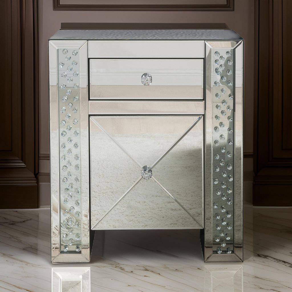 Wood & Mirror Nightstand with Crystal Inserts, Silver - View 7