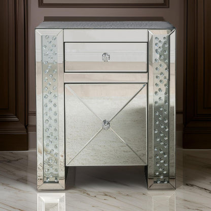 Wood & Mirror Nightstand with Crystal Inserts, Silver - View 7