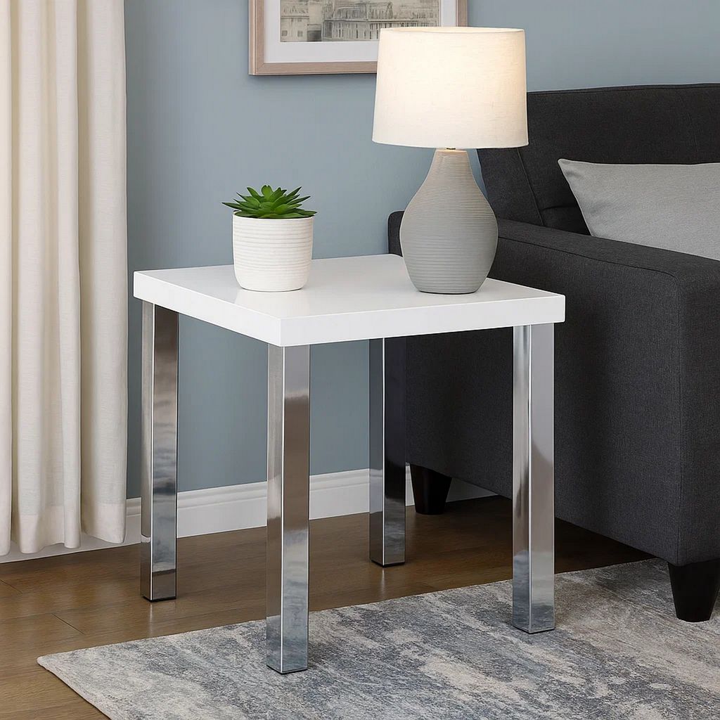 Square Wooden End Table with Straight Metal Legs, White and Chrome - View 7