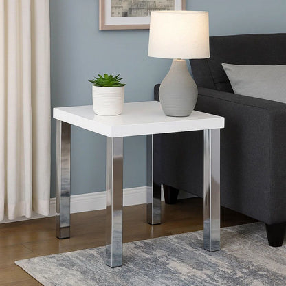 Square Wooden End Table with Straight Metal Legs, White and Chrome - View 7