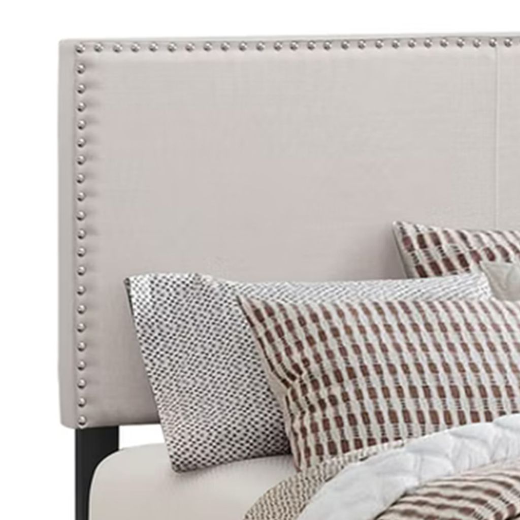 Fabric Upholstered Queen Size Platform Bed with Nail Head Trim, Ivory - View 3