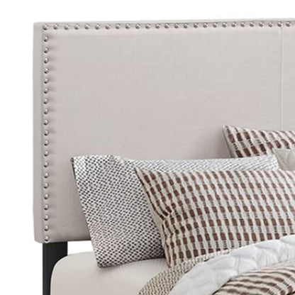 Fabric Upholstered Queen Size Platform Bed with Nail Head Trim, Ivory - View 3