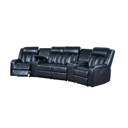 Max 5 Piece Manual Recliner Sectional Set, Vegan Faux Leather, Navy Blue