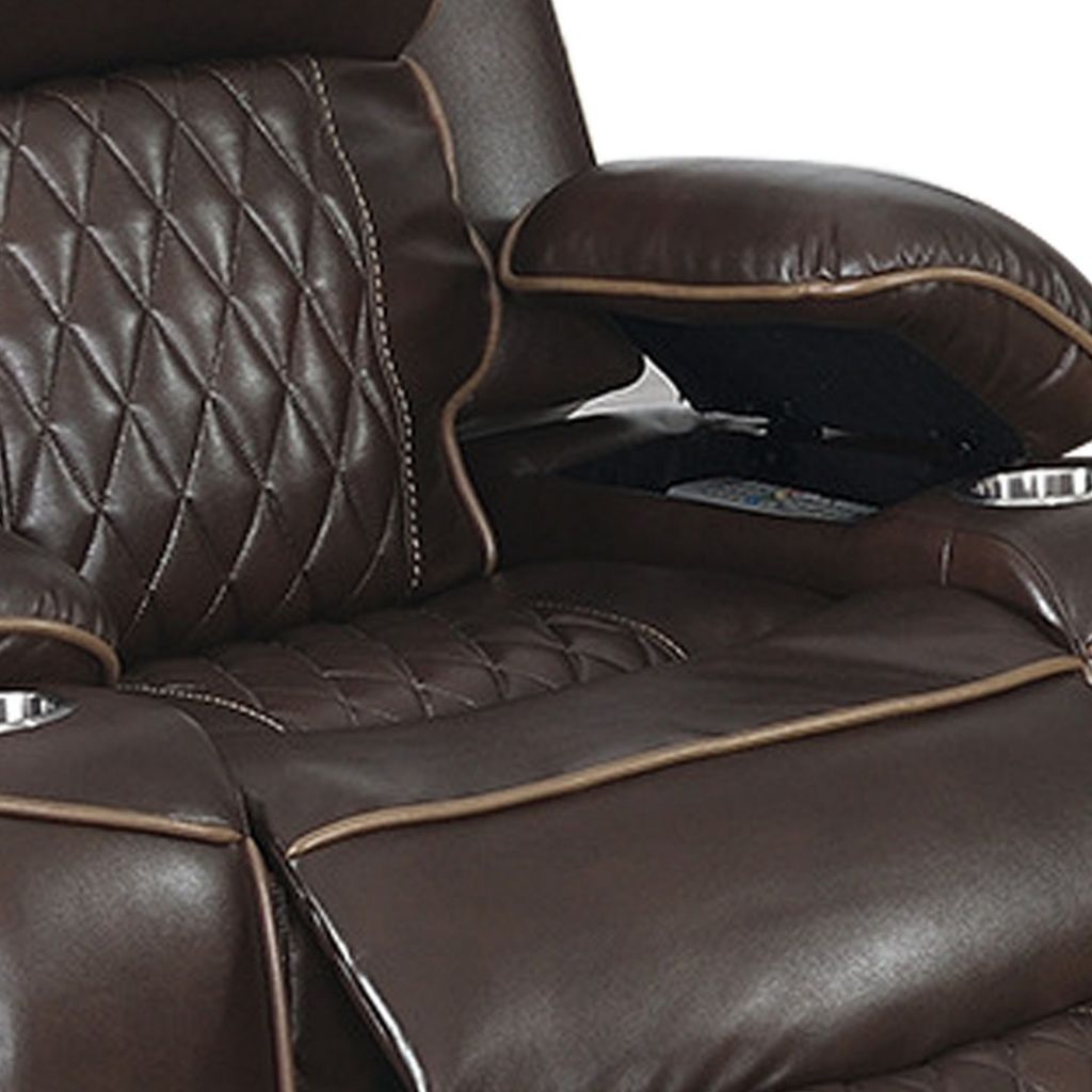 Xiu 38 Inch Power Recliner Chair, USB Port, Storage, Faux Leather, Brown - View 3