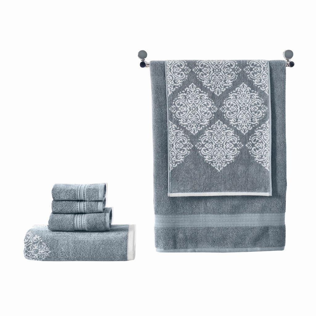 Eula Modern 6 Piece Cotton Towel Set, Stylish Damask Pattern, Slate Blue