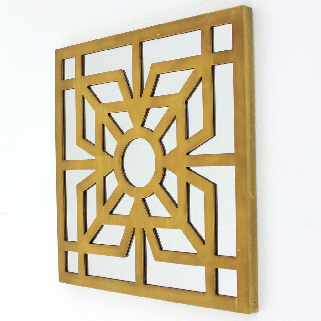 Mirrored Wall Decor Set of 2 with Wooden Floral Overlay on Top, Gold and Silver