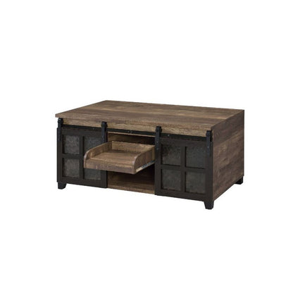 Coffee Table with 2 Barn Sliding Glass Doors and Pull Out Tray, Brown - View 4