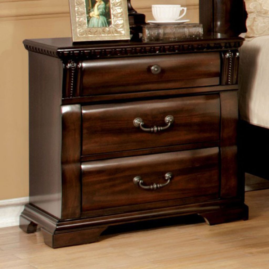 28 Inch Bedside Nightstand, 3 Drawers with Pewter Handles, Classic Dark Cherry Brown Solid Wood - View 2