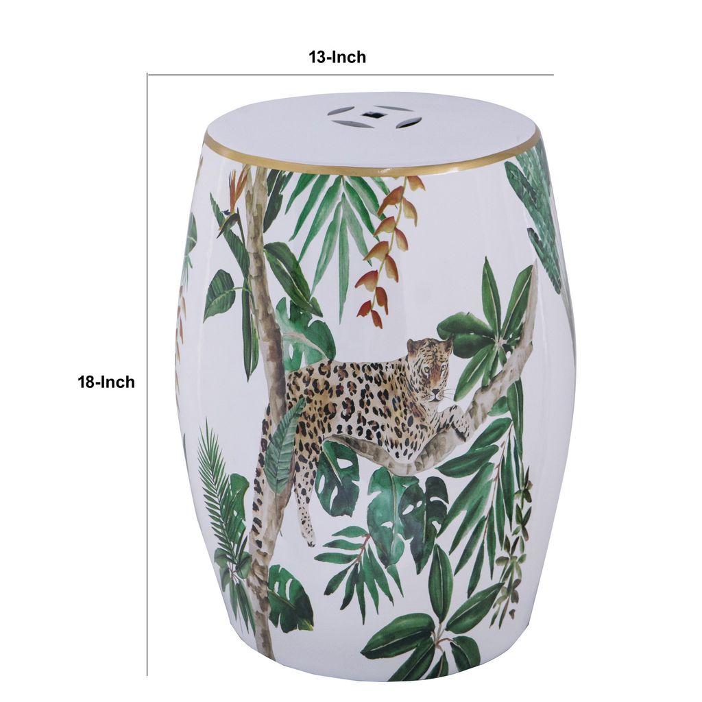 18 Inch Ceramic Accent Table, Drum Shape, Tropical Print, White, Green - View 5