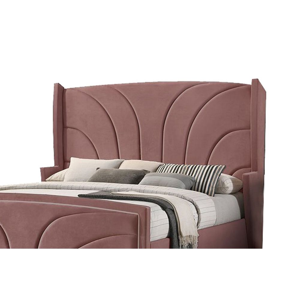 Kerith Modern Wood King Size Bed, Wingback Frame, Pink Velvet, Chrome Legs - View 4