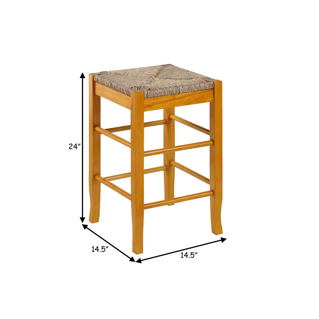 Chris 24 Inch Counter Stool with Wood Frame, Handwoven Rush Seat, Oak Brown - View 6