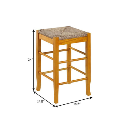 Chris 24 Inch Counter Stool with Wood Frame, Handwoven Rush Seat, Oak Brown - View 6