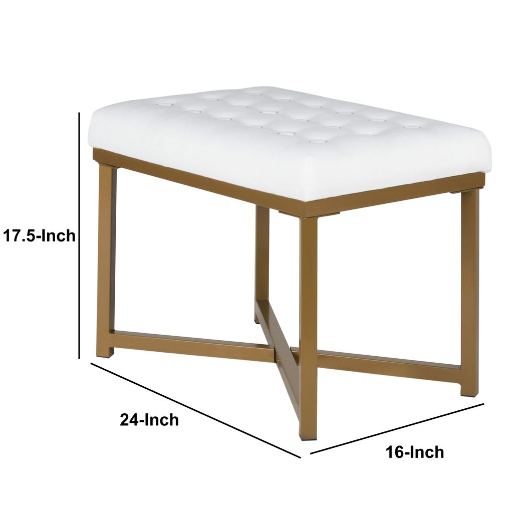 Metal Framed Bench with Button Tufted Velvet Upholstered Seat, White and Gold - View 6
