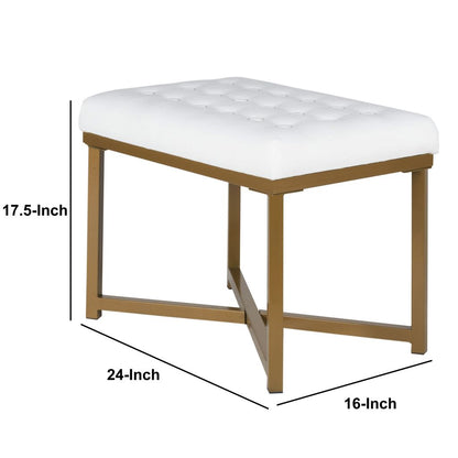 Metal Framed Bench with Button Tufted Velvet Upholstered Seat, White and Gold - View 6