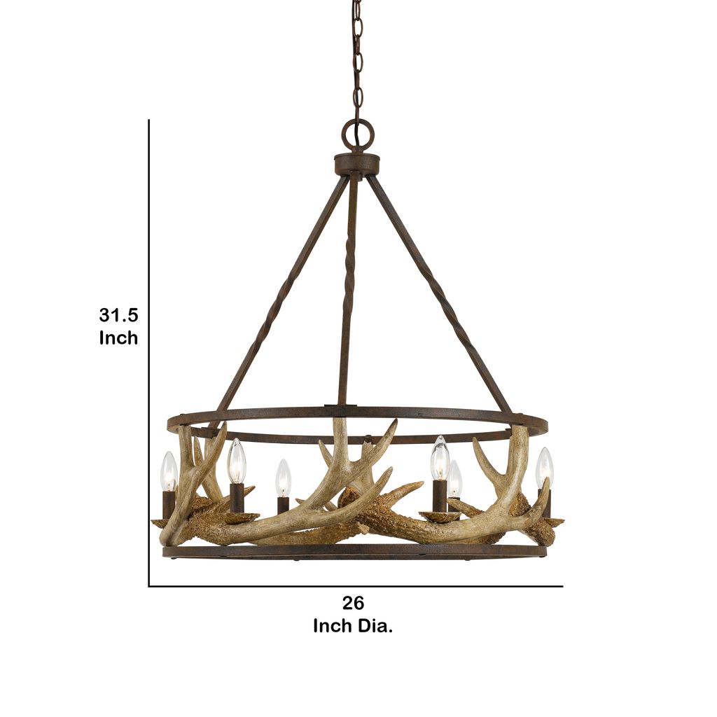 6 Bulb Metal Frame Chandelier with Resin Antler Design,Dark Bronze and Gold - View 6