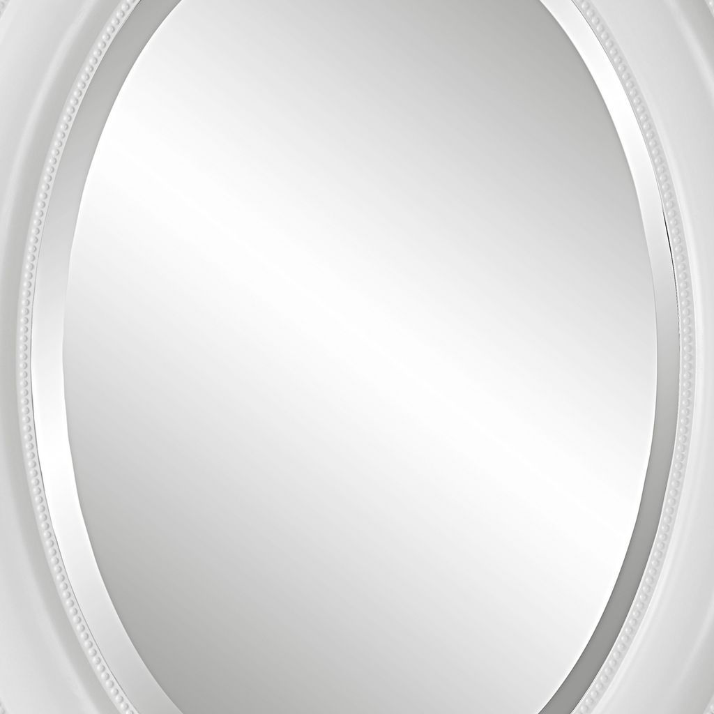 29 Inch Wood Wall Mirror, Beaded Oval Shape, White - View 5