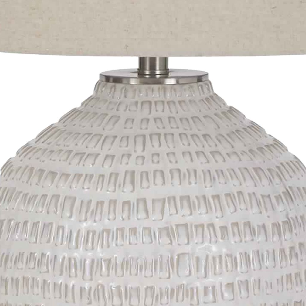 Textured Ceramic Frame Table Lamp with Fabric Shade, Beige and White - View 3