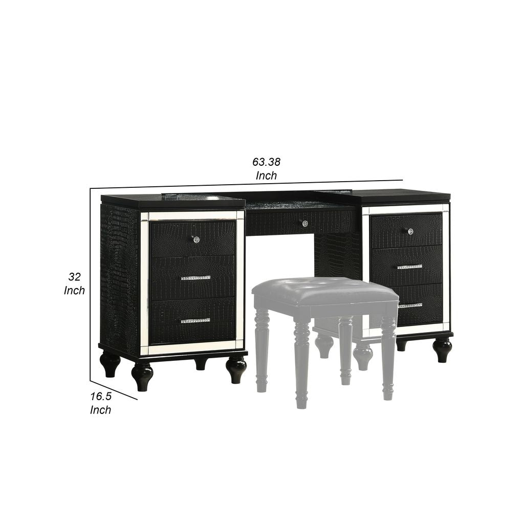 Kya 64 Inch Vanity Dresser Table with 7 Drawers, Mirrored Trim, Glam Black - View 5
